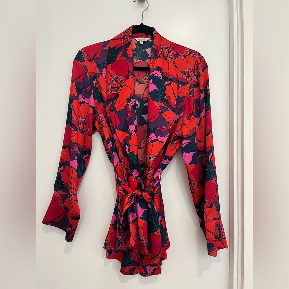 Elegant Floral Red and Purple Silk Blouse